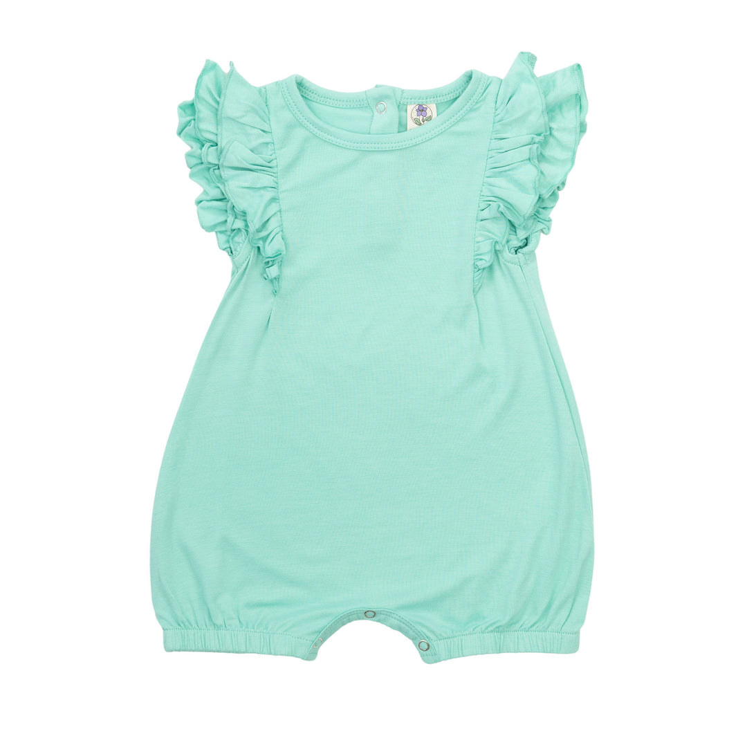 Ruffle Shorty Romper in Soft Teal
