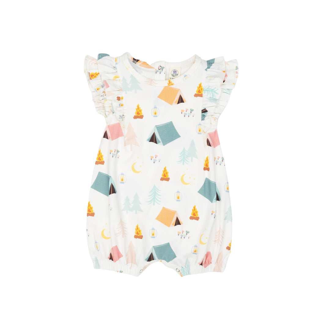 Ruffle Shorty Romper in Camping