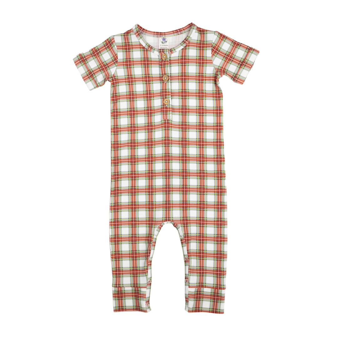 Short Sleeve Henley Romper in Classic Plaid